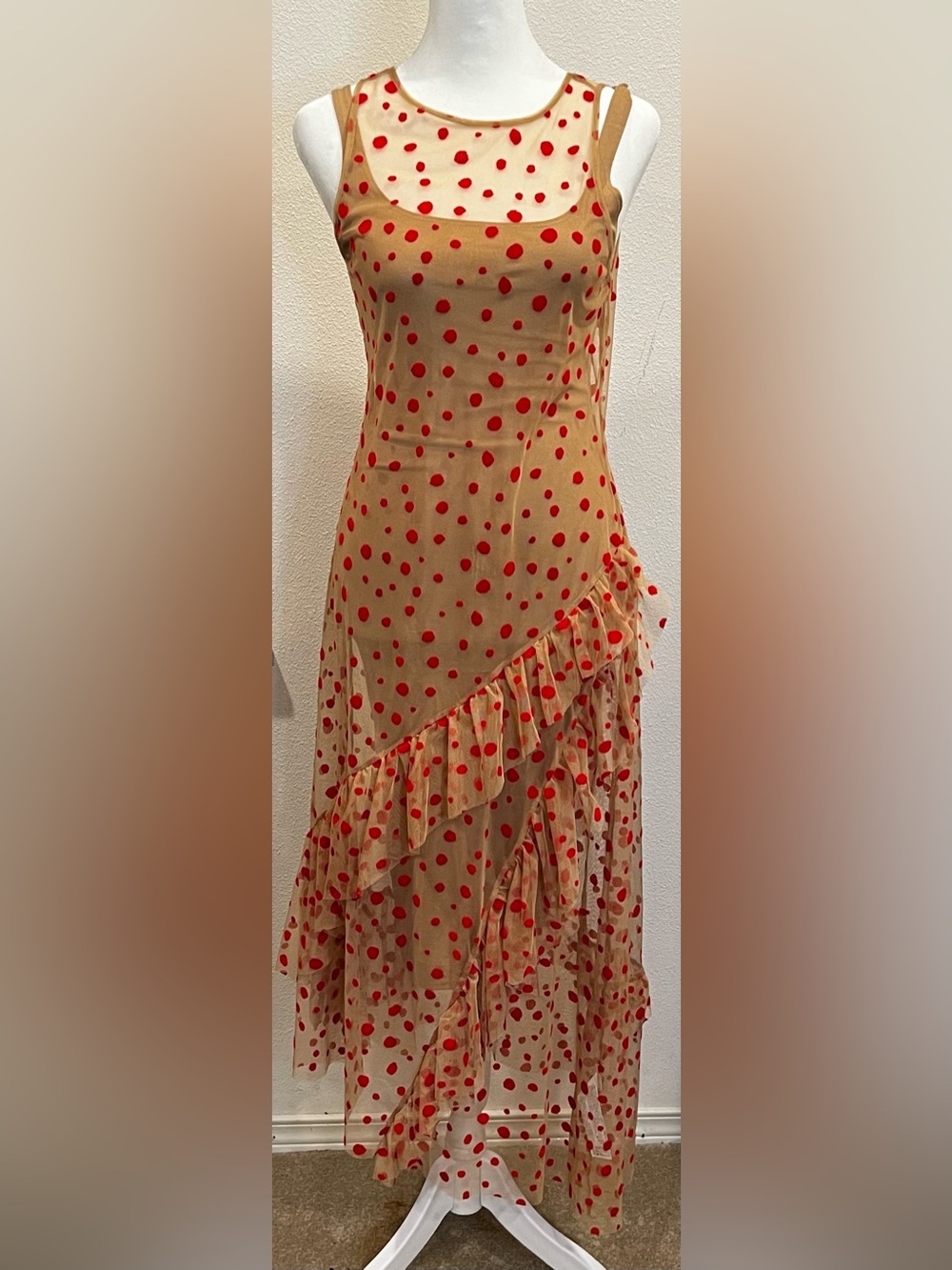 Zara Polka Dot Mesh two layer Sleeveless Beige and Res Dress